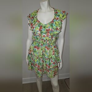 Denny Rose Green Floral Mini Sundress with Flutter Sleeves Ruffle Skirt S